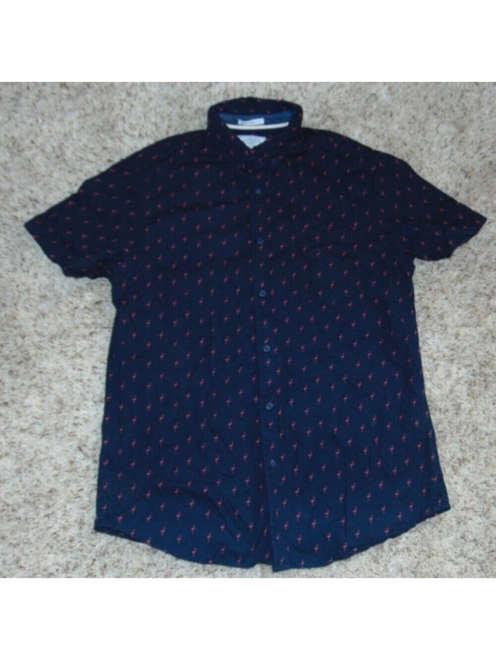 Mens Camp Shirt Small Flamingo On The Road Blue Pink Short Sleeve Button Front